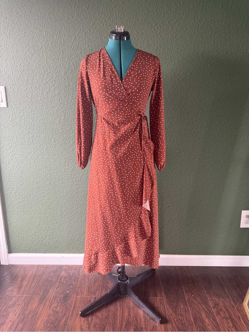 Rust Polka Dot Wrap Midi Dress - Long Sleeve